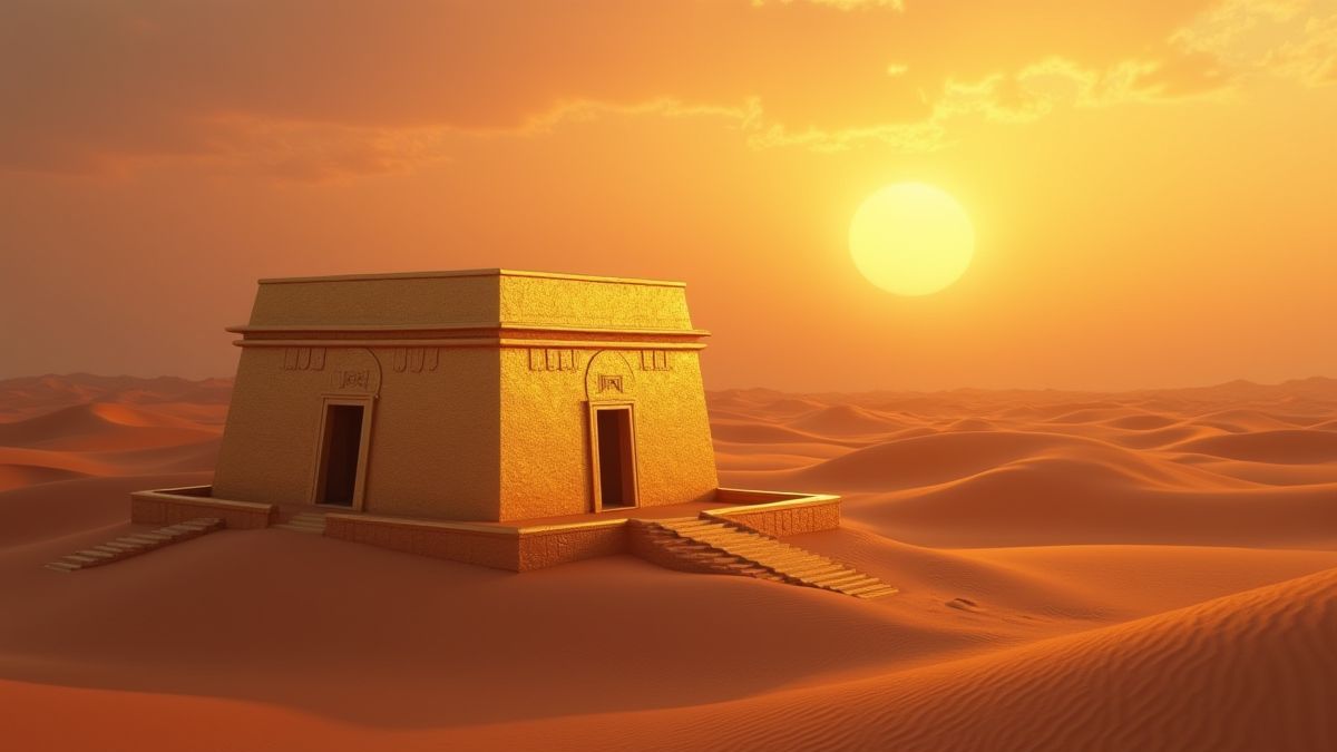 Een gouden Egyptische tombe omringd door duinen bij zonsondergang.