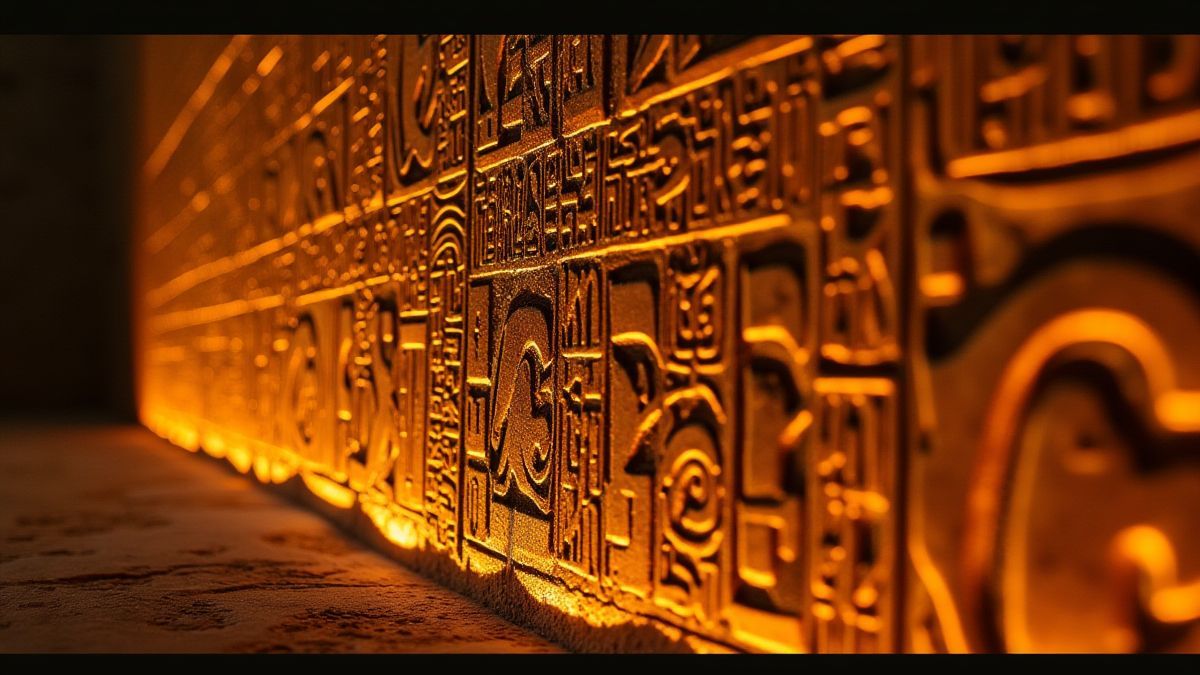 A wall of ancient Egyptian hieroglyphs illuminated in golden tones.