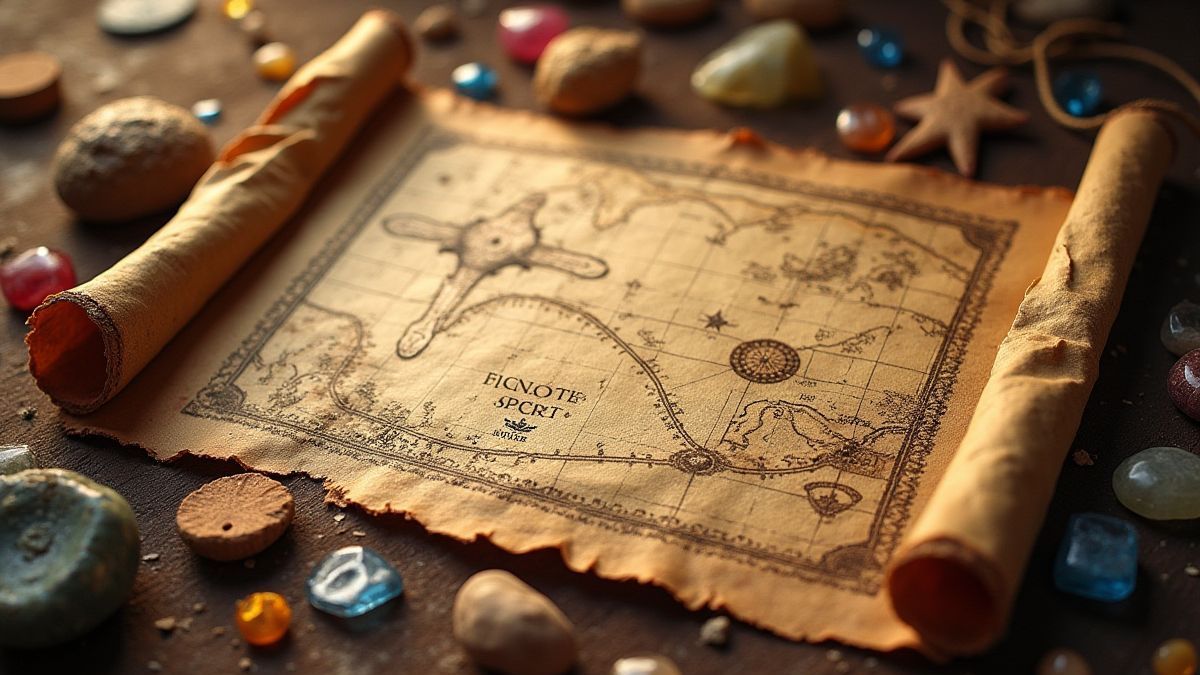 Carte au trésor entourée de gemmes et de reliques anciennes.