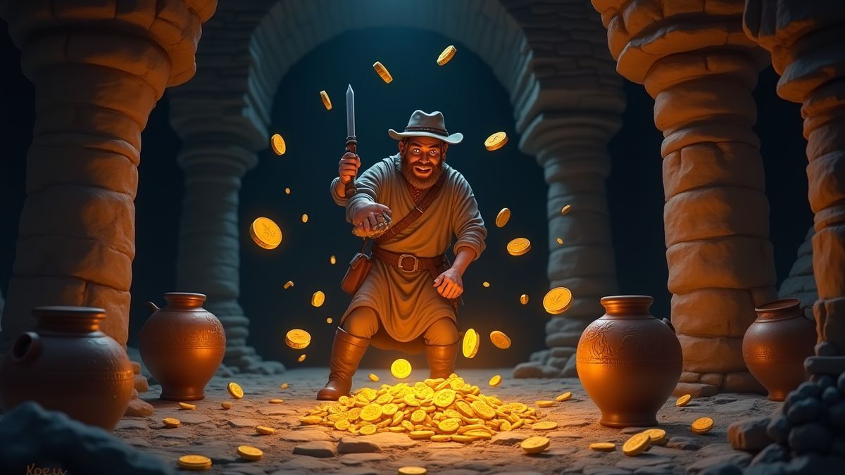 Chasseur de trésors brisant des urnes dans une tombe sombre.