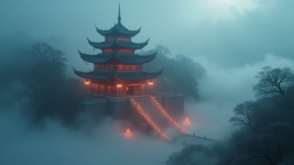 Temple chinois mystique entouré de brouillard et de runes brillantes.