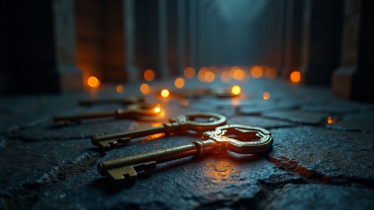 Clés brillantes dispersées sur un sol de pierre ancien.