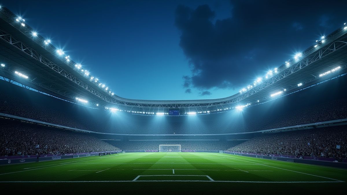 Un stade de football illuminé avec des lumières et des supporters agitant des drapeaux.