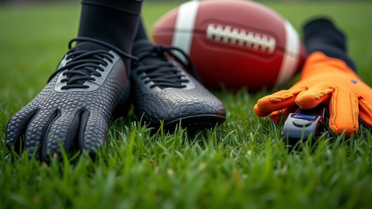Bottes, gants et un sifflet sur de l'herbe, reflétant le thème du football.