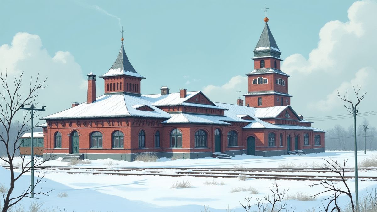 Verschneite sowjetische Bahnhofsillustration in einem animierten Stil.