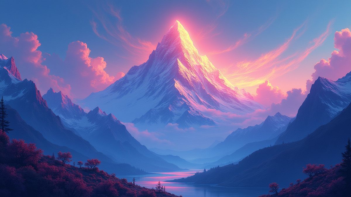Paysage montagneux mystique avec ciel radieux