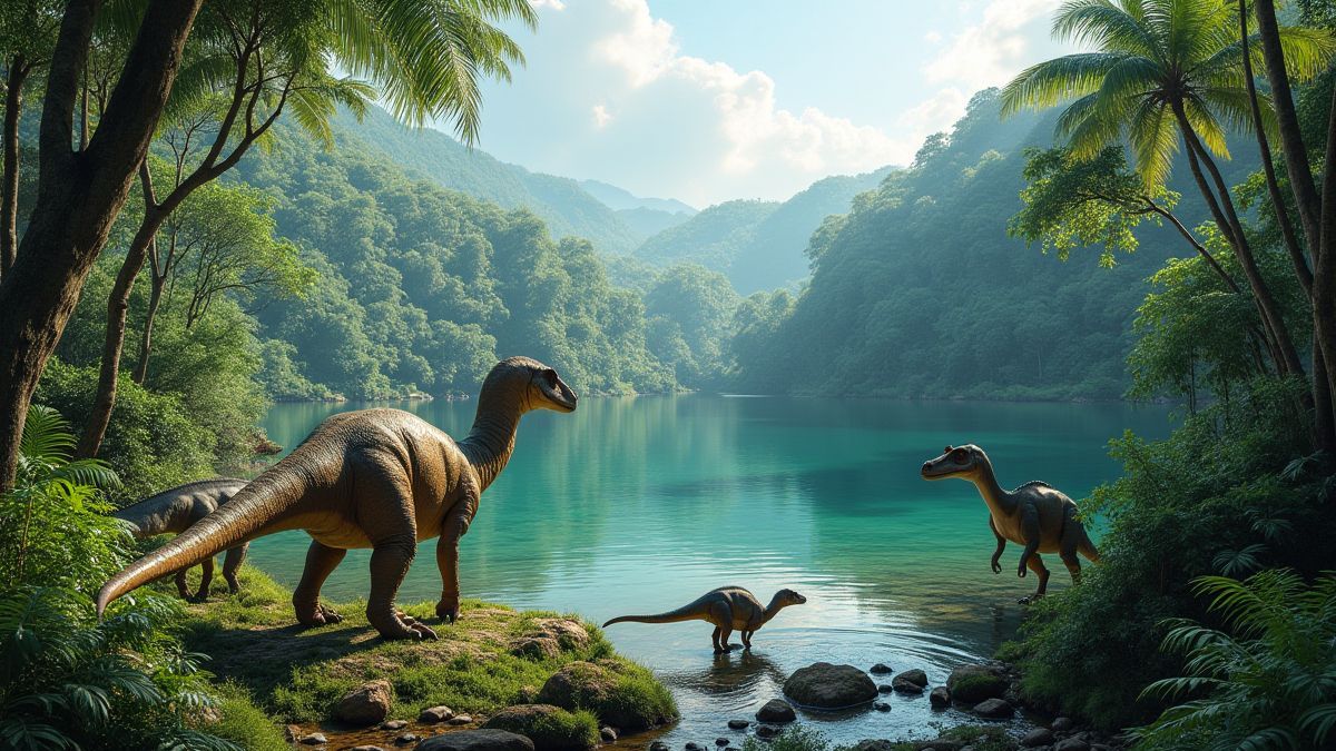 A landscape of prehistoric jungle with dinosaurs near a crystal-clear lake.