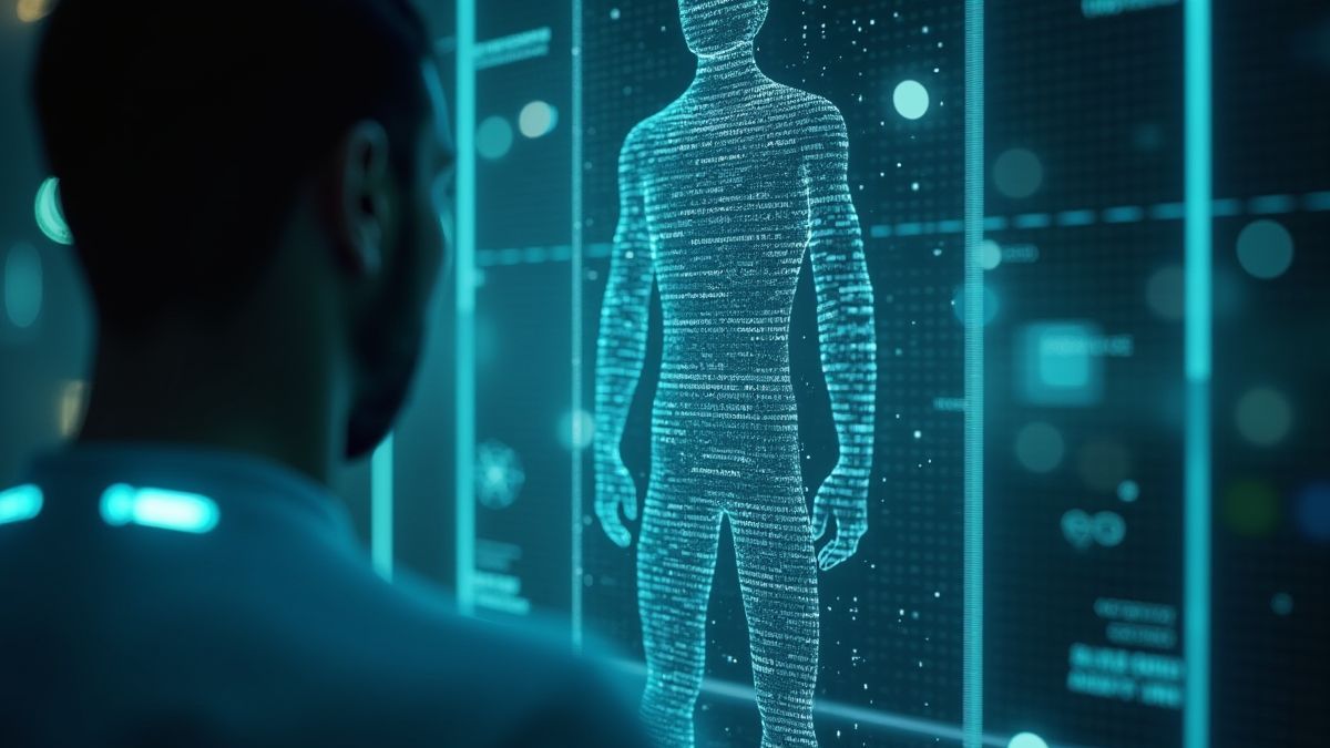 Détecteur futuriste scannant un humain.