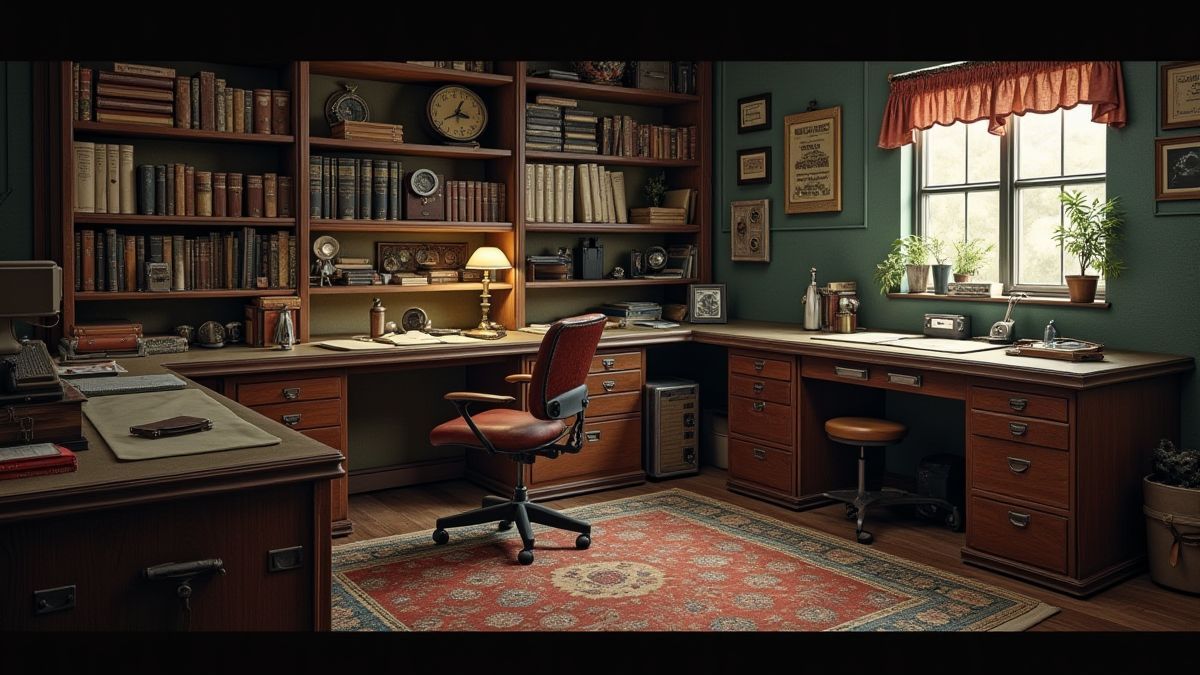 Retro office with safes and secret files.