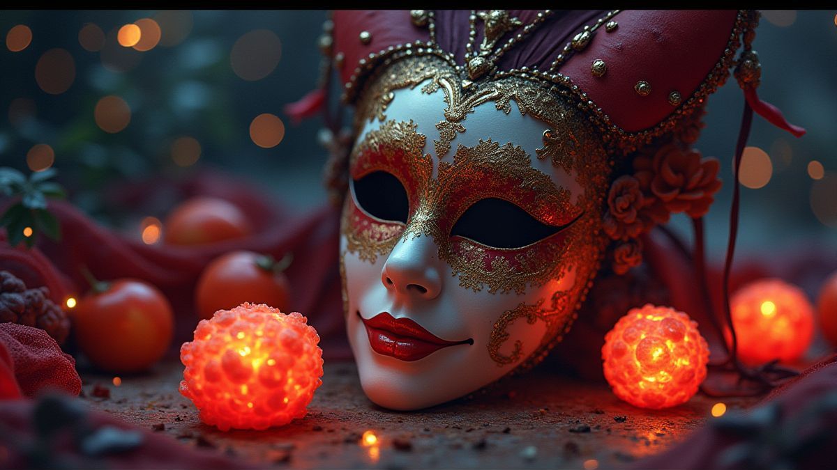 Szene eines venezianischen Karnevals mit Joker-Masken und leuchtenden Früchten.