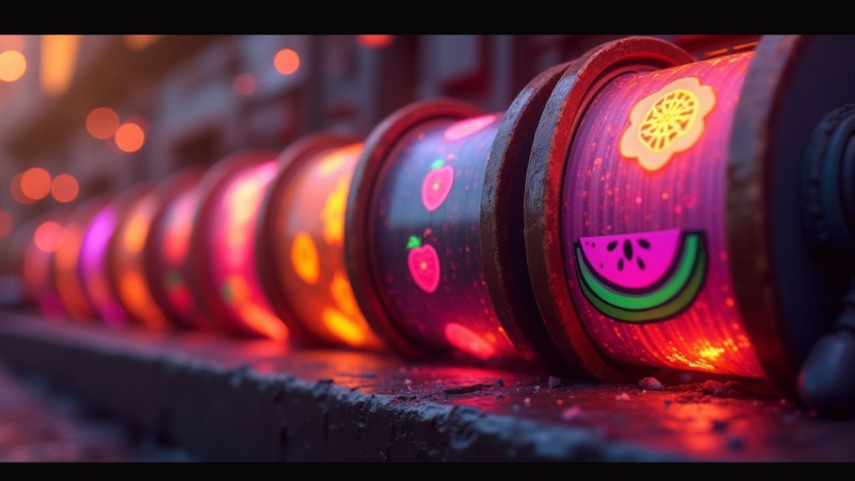 Walzen, die sich mit leuchtenden Obstsymbolen drehen.