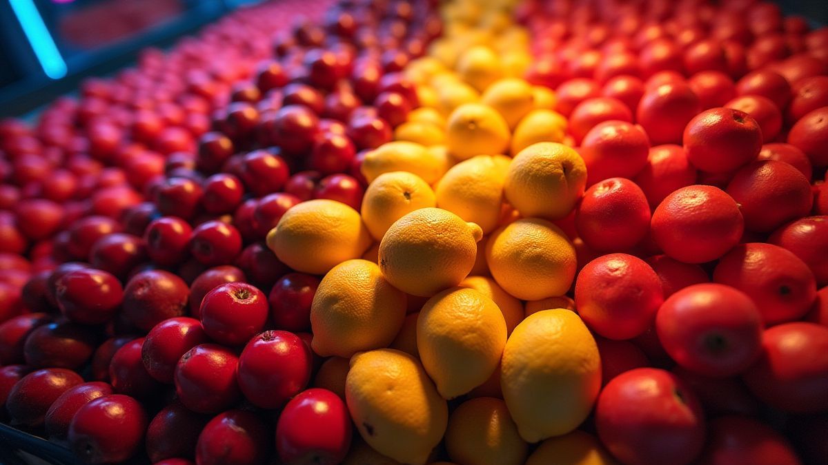 Frutas brillantes en un diseño retro bajo luces de neón.
