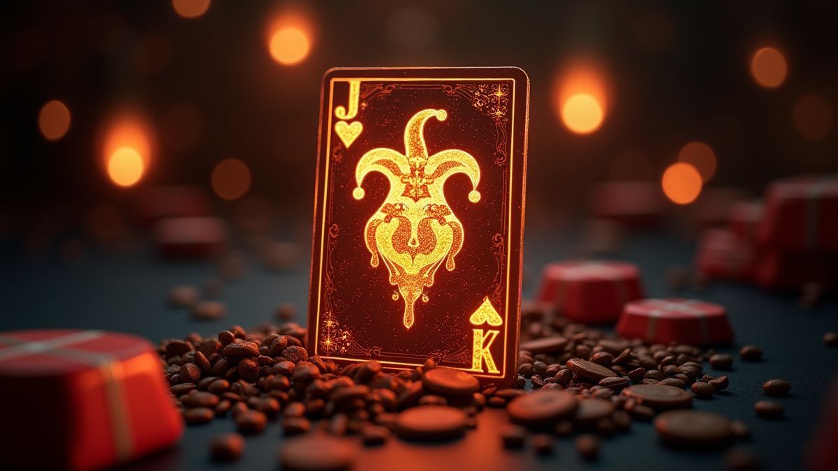 Una carta de Joker con detalles dorados sobre un fondo estilo casino.