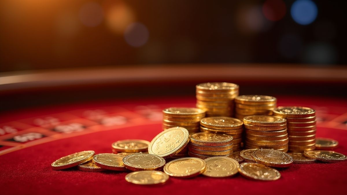 Ambiente de cassino repleto de gemas e moedas douradas.