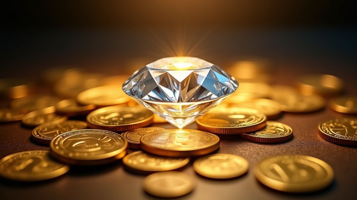 Diamante brilhante rodeado de moedas douradas sob um foco.