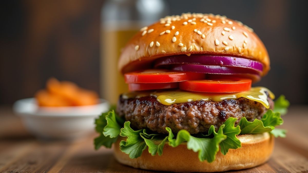 Una hamburguesa gourmet en una mesa de madera.