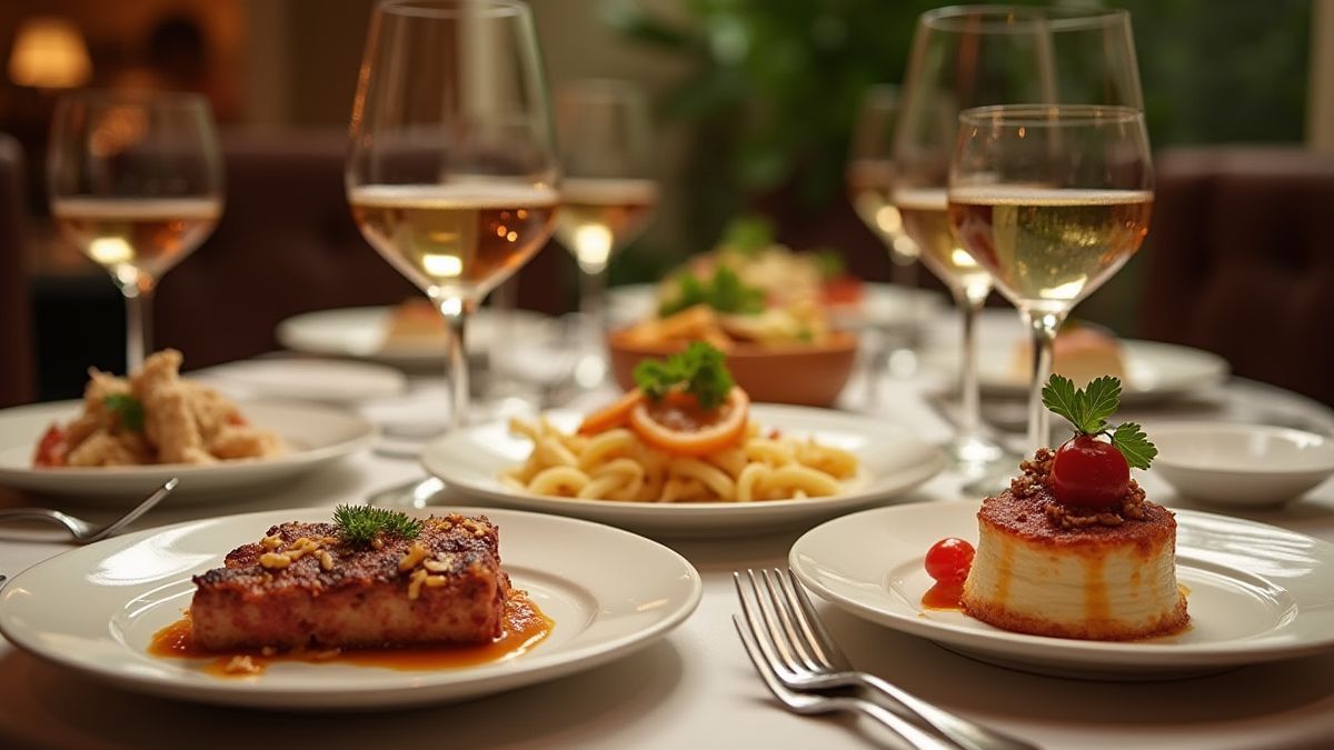 Mesa elegante con comida gourmet y copas de vino.
