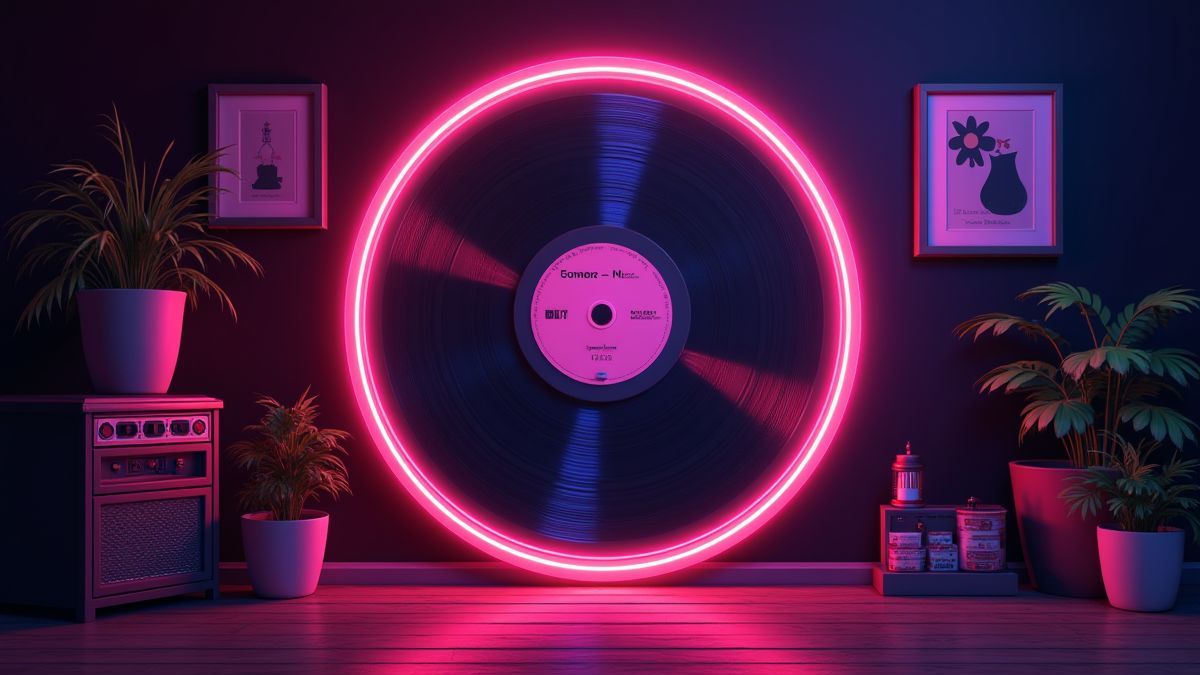 Un disco de vinilo rodeado de decoración retro y luces de neón.