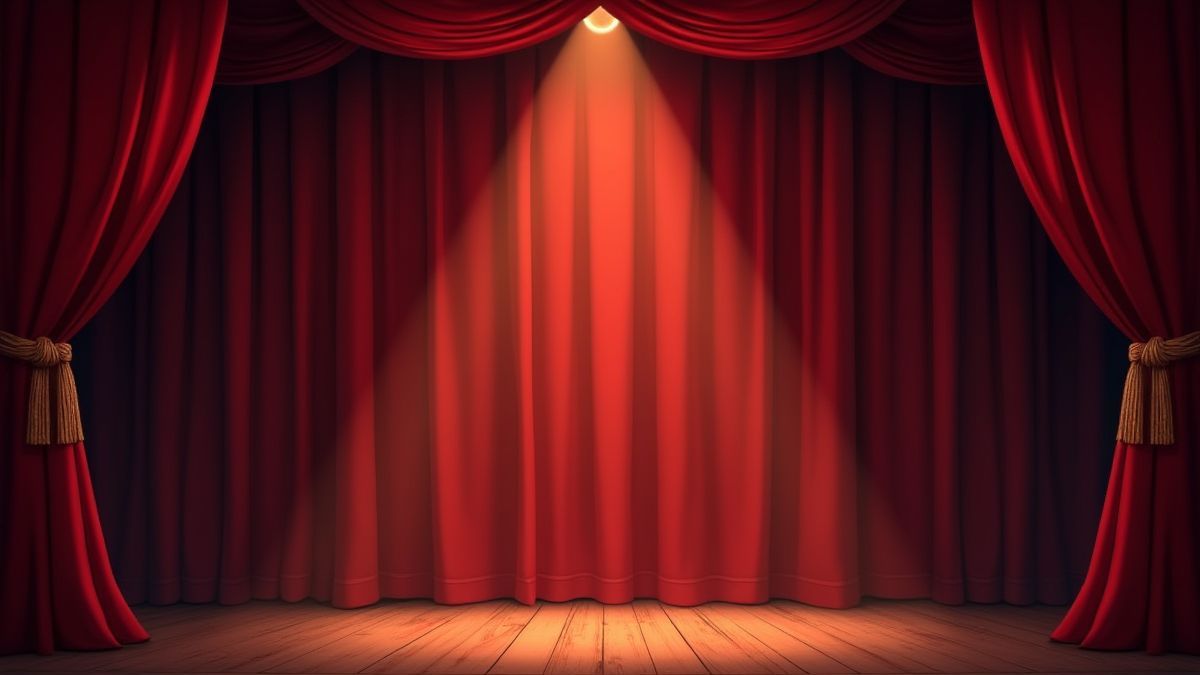 Escenario de terciopelo rojo con luces brillantes y atuendos vintage.