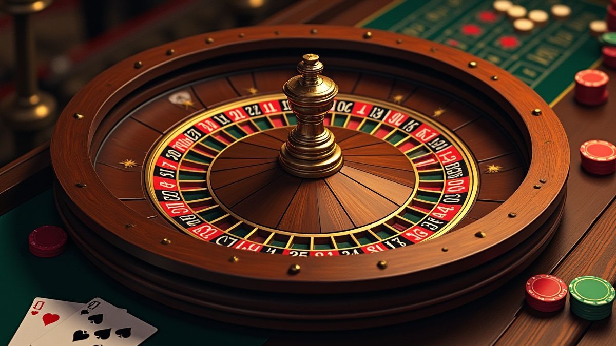 Mesa de ruleta vintage con fichas y cartas.
