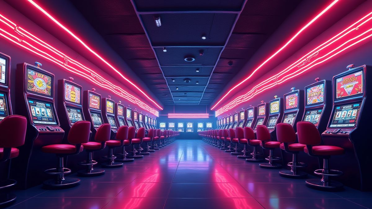 A retro casino with slot machines and neon lights.