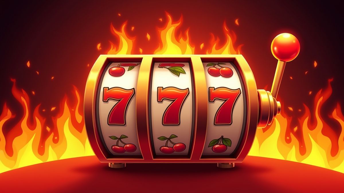 Slot machine reels surrounded by flames with cherry and 7 symbols.