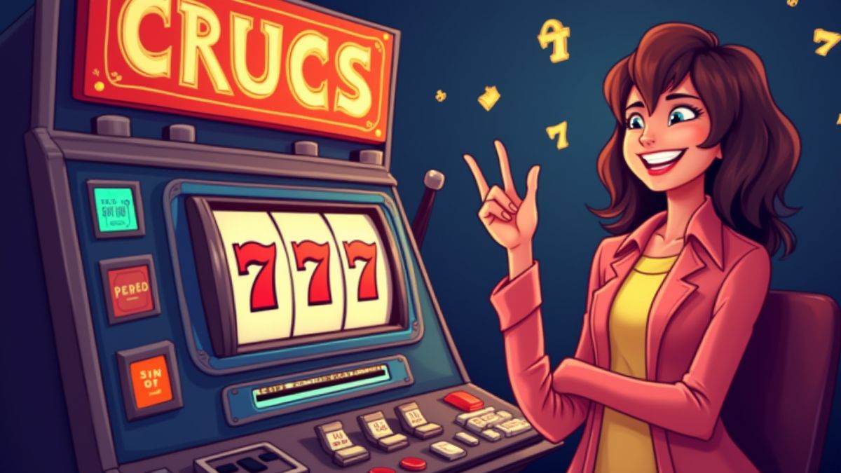 A player celebrating a small win at a retro slot machine.