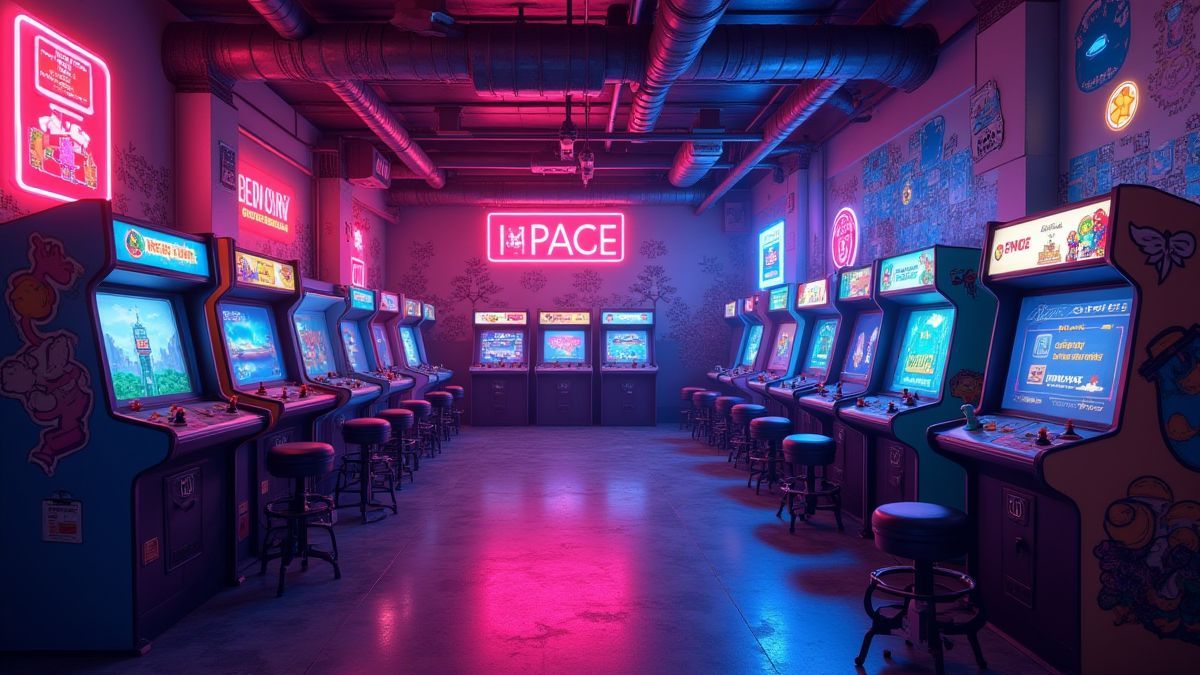 Neonverlichte arcadezaal, vol met retro machines en pixelachtige graphics.