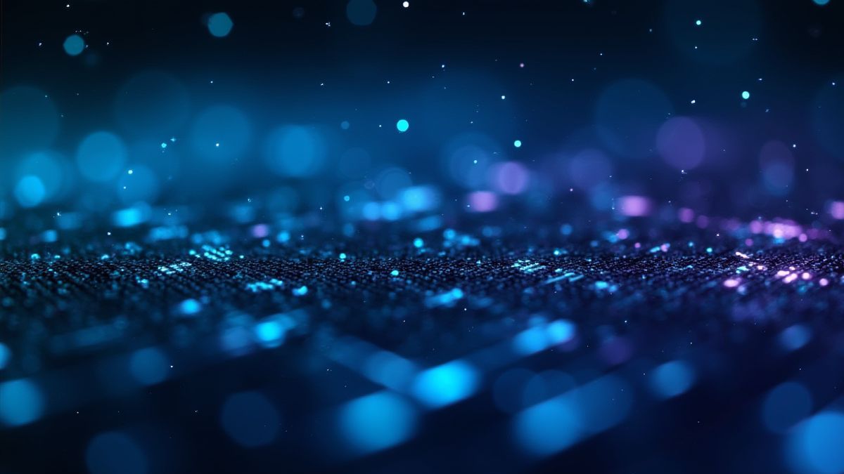 Oplichtend digitaal raster met pixelachtige symbolen in blauwe, grijze en paarse kleuren.