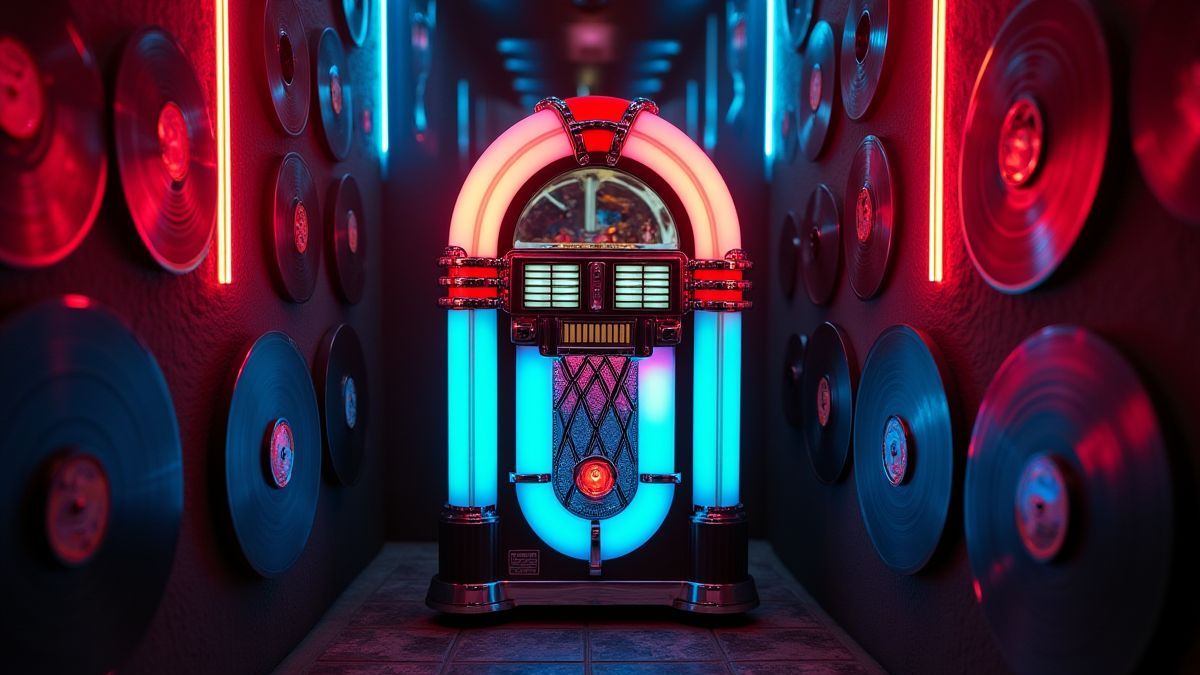 Jukebox rodeada de luces de neón y discos de vinilo.