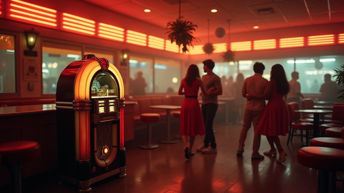 Diner retro con personas bailando junto a un jukebox.