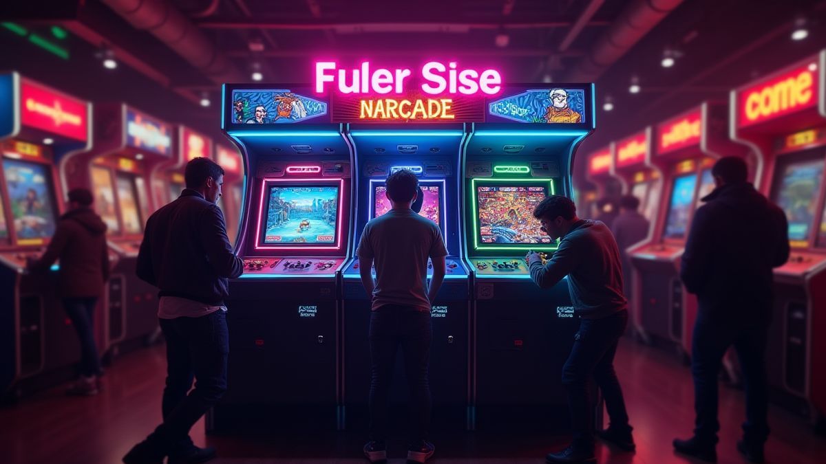 Máquina arcade retro con luces de neón y jugadores disfrutando.