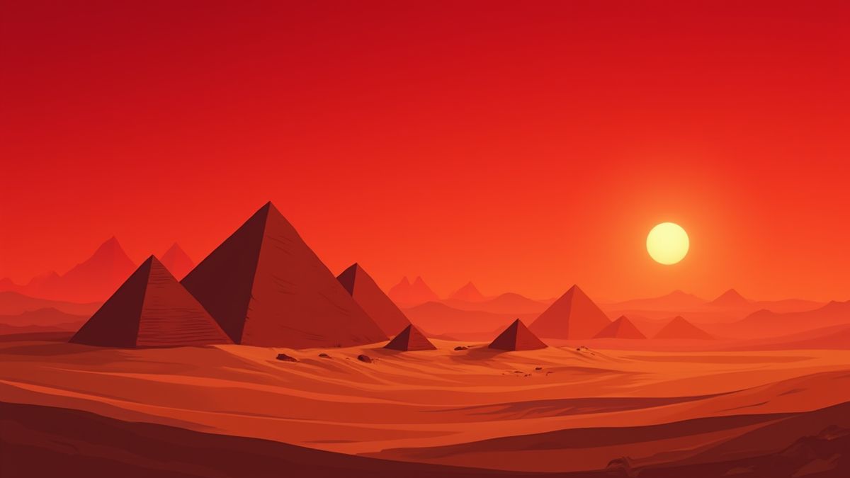 Escena de un desierto con pirámides y un cielo rojo brillante.