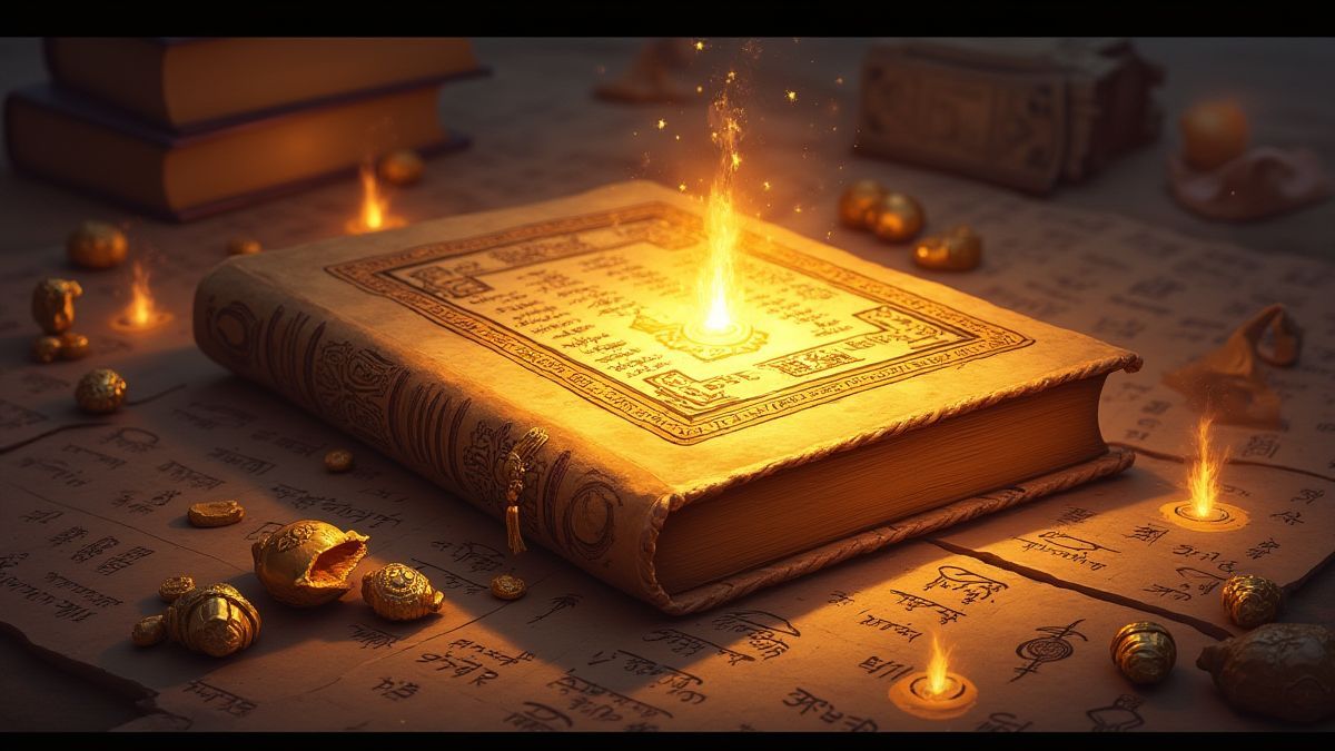 Libro egipcio brillante rodeado de tesoros y jeroglíficos.