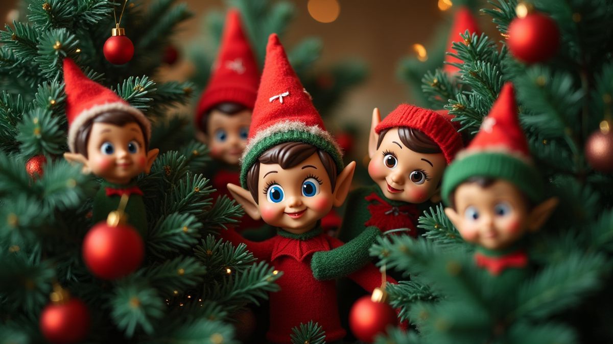 Speelse elfen verstopt achter kerstbomen
