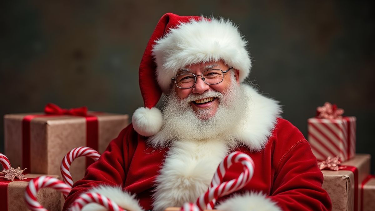 Kerstman omringd door cadeaus en zuurstokken