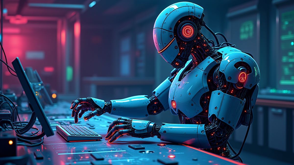 Robot futurista manipulando un panel de control con luces de neón.