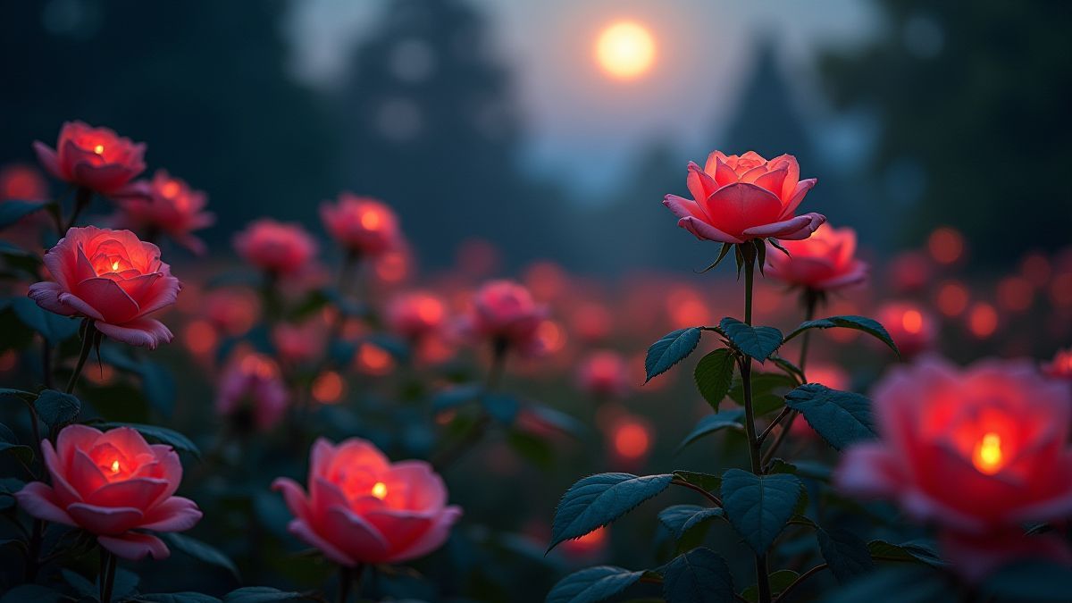 Romantische tuin met schitterende rozen en zachte maanlicht.