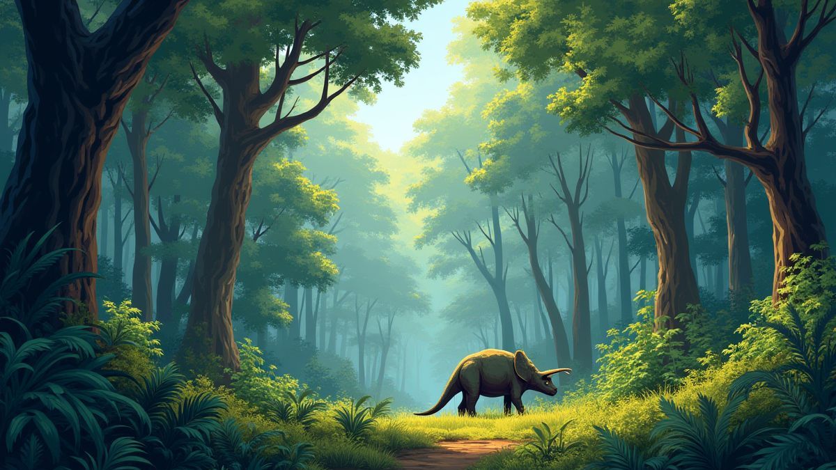 A Jurassic forest with tall trees and a Triceratops grazing.