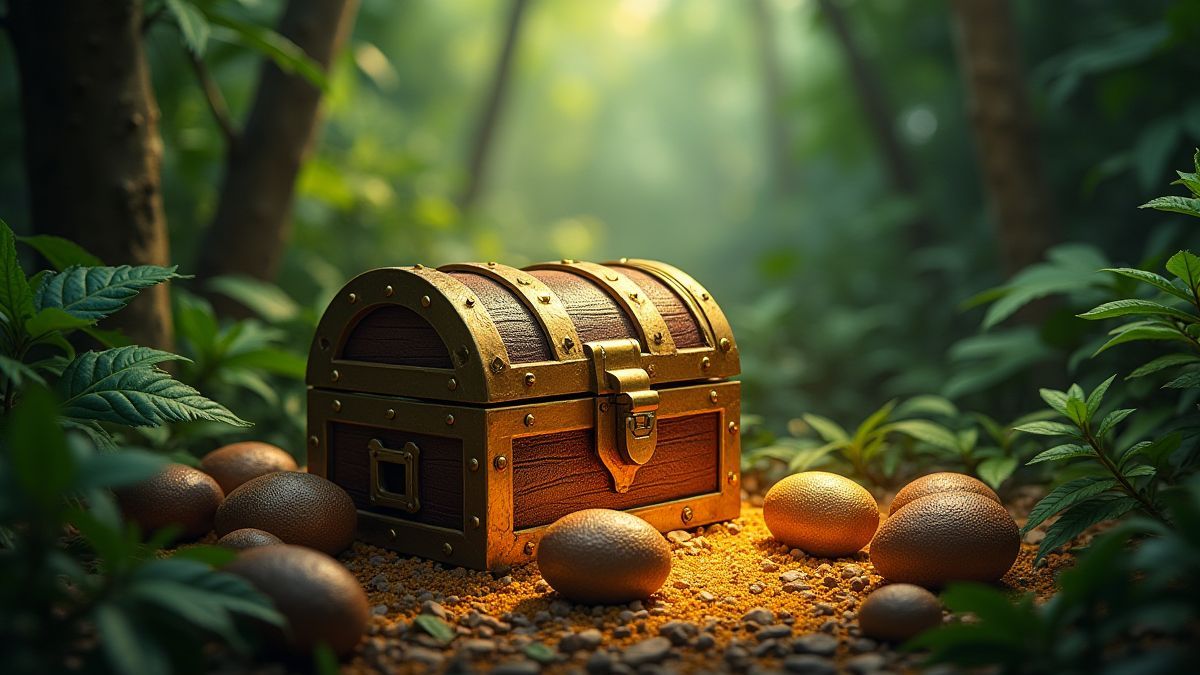 A golden treasure chest surrounded by dinosaur eggs.