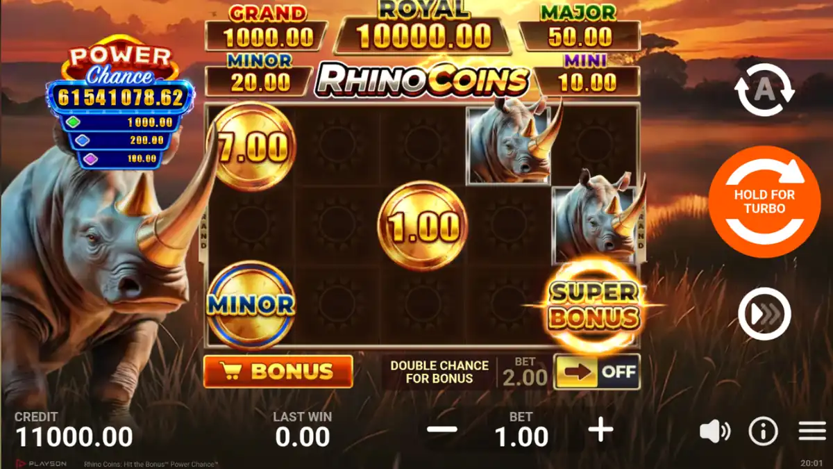 Rhino Coins: Hit the Bonus Power Chance base game screen
