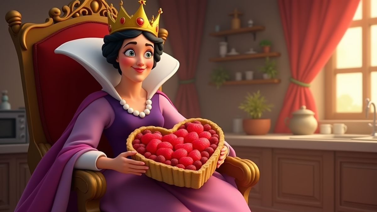 Une reine tenant une tarte en forme de cœur dans une cuisine royale animée.