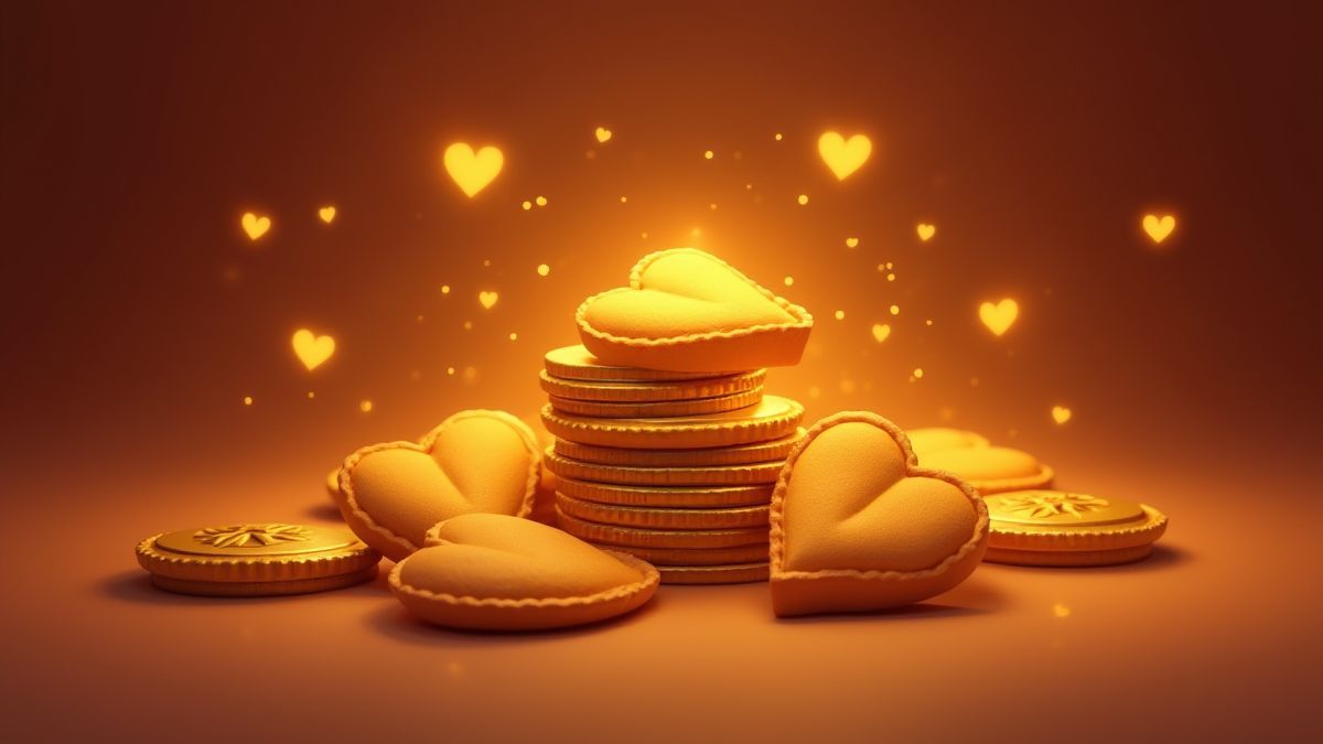 Monnaies dorées et tartes en forme de cœur avec un éclat magique.