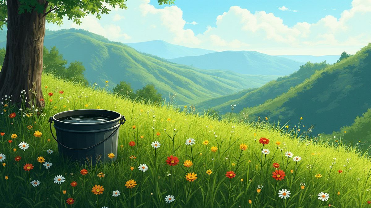 Colina verde com flores e um balde de água sob um céu limpo.