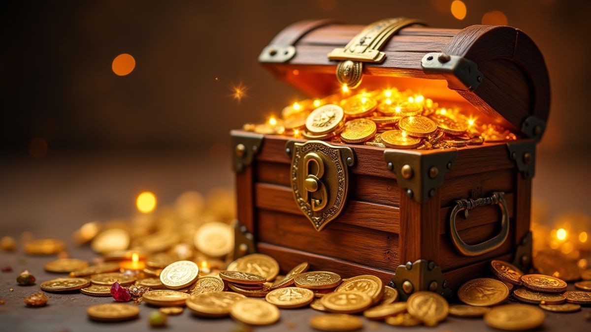 Cofre do tesouro cercado por moedas de ouro e pedras preciosas brilhantes.