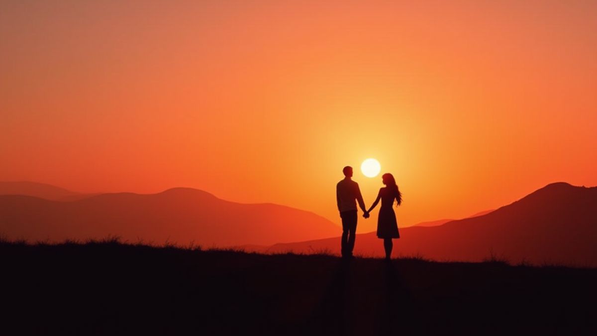 Pôr do sol romântico com um casal em uma colina.
