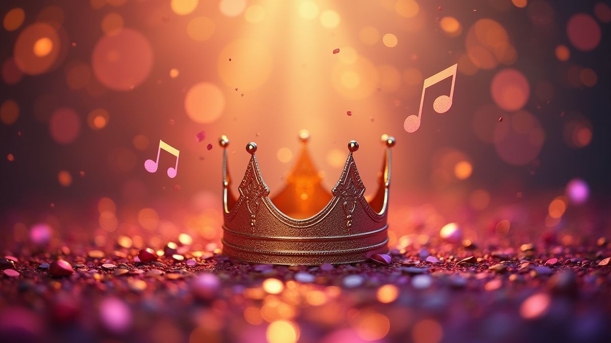 Fiesta vibrante con una corona dorada y notas musicales en el aire.