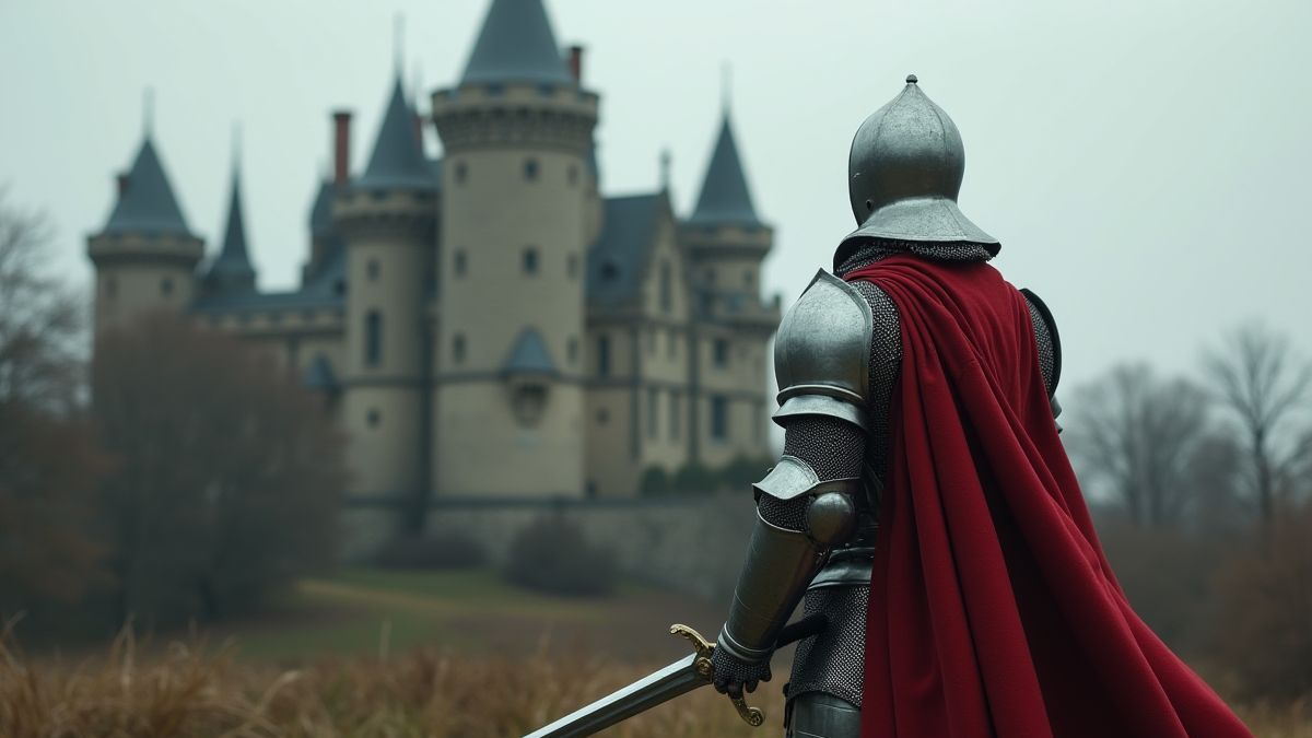 Caballero medieval sosteniendo una espada frente a un castillo.