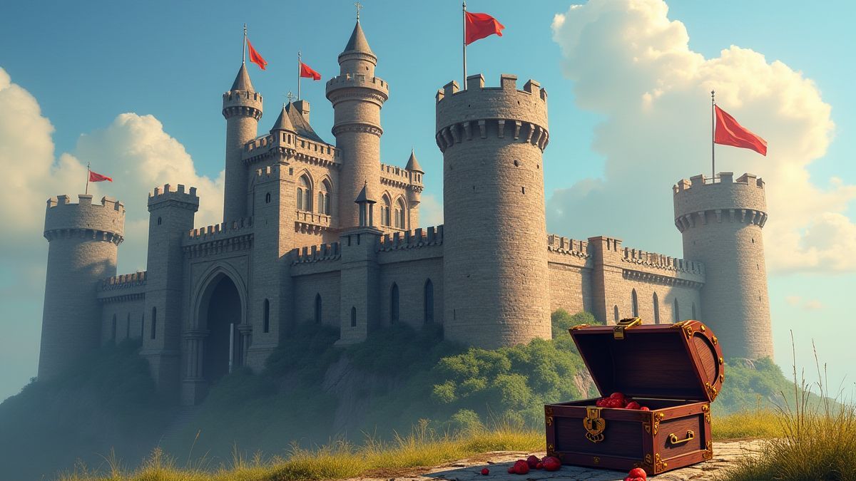 Castillo medieval con banderas en las torres y un cofre del tesoro enfrente.
