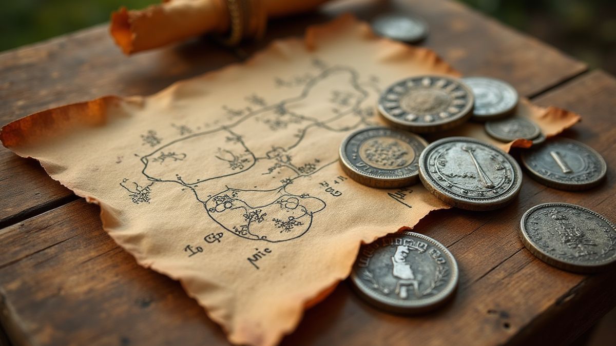 Monedas medievales y un mapa de pergamino sobre una mesa de madera.